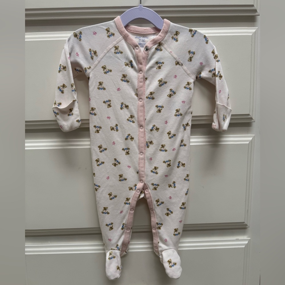 Ralph Lauren Teddy Bear Footie Pajamas 6M Pink Trim